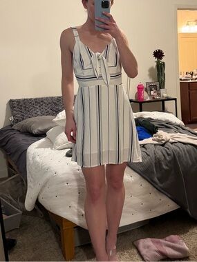 J.O.A. White Mini Dress with Navy Vertical Stripes and Front Tie